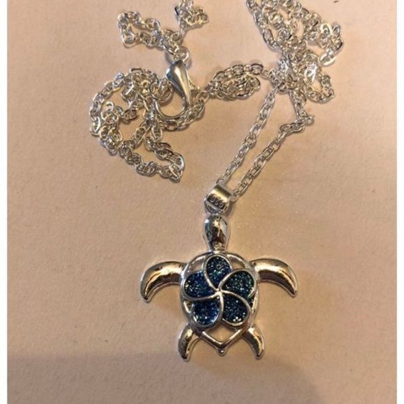 ADORABLE BLUE OPAL FLOWER SHELL SILVER SEA TURTLE NECKLACE - Picture 5 of 8